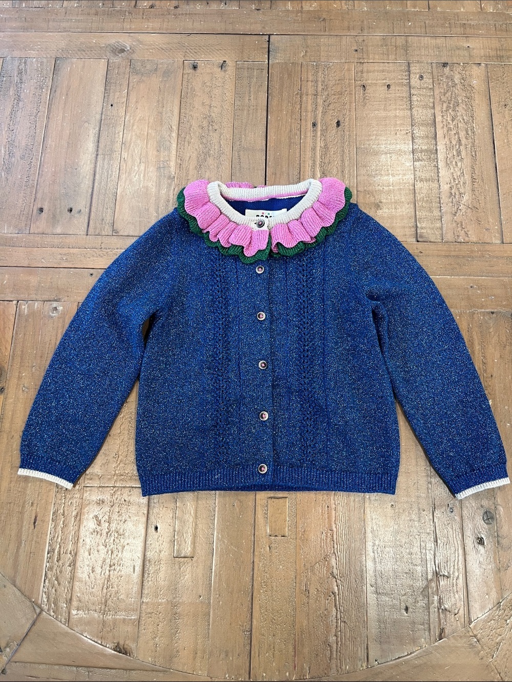 Mini Boden metallic ruffled collar button front cardigan sweater